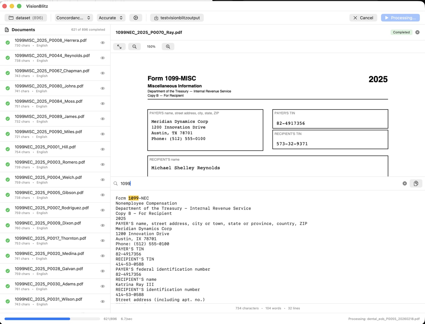 VisionBlitz processing a folder of legal documents, showing preview and extracted text side-by-side