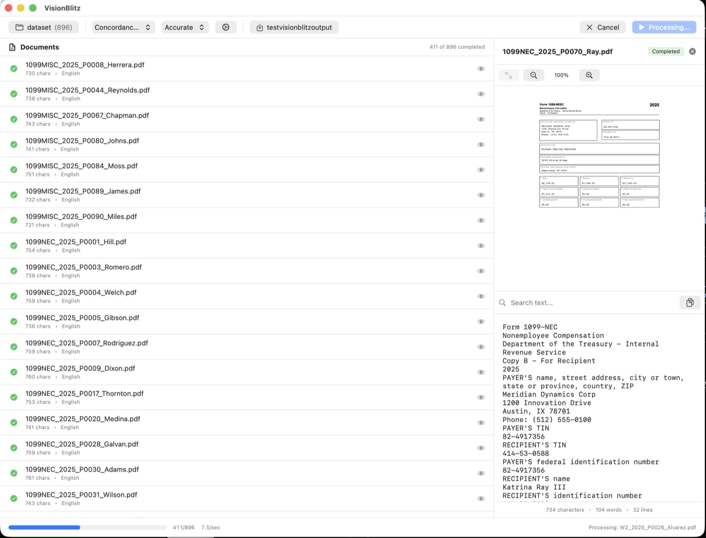 VisionBlitz main window processing a batch of documents, with preview panel and live per-document status